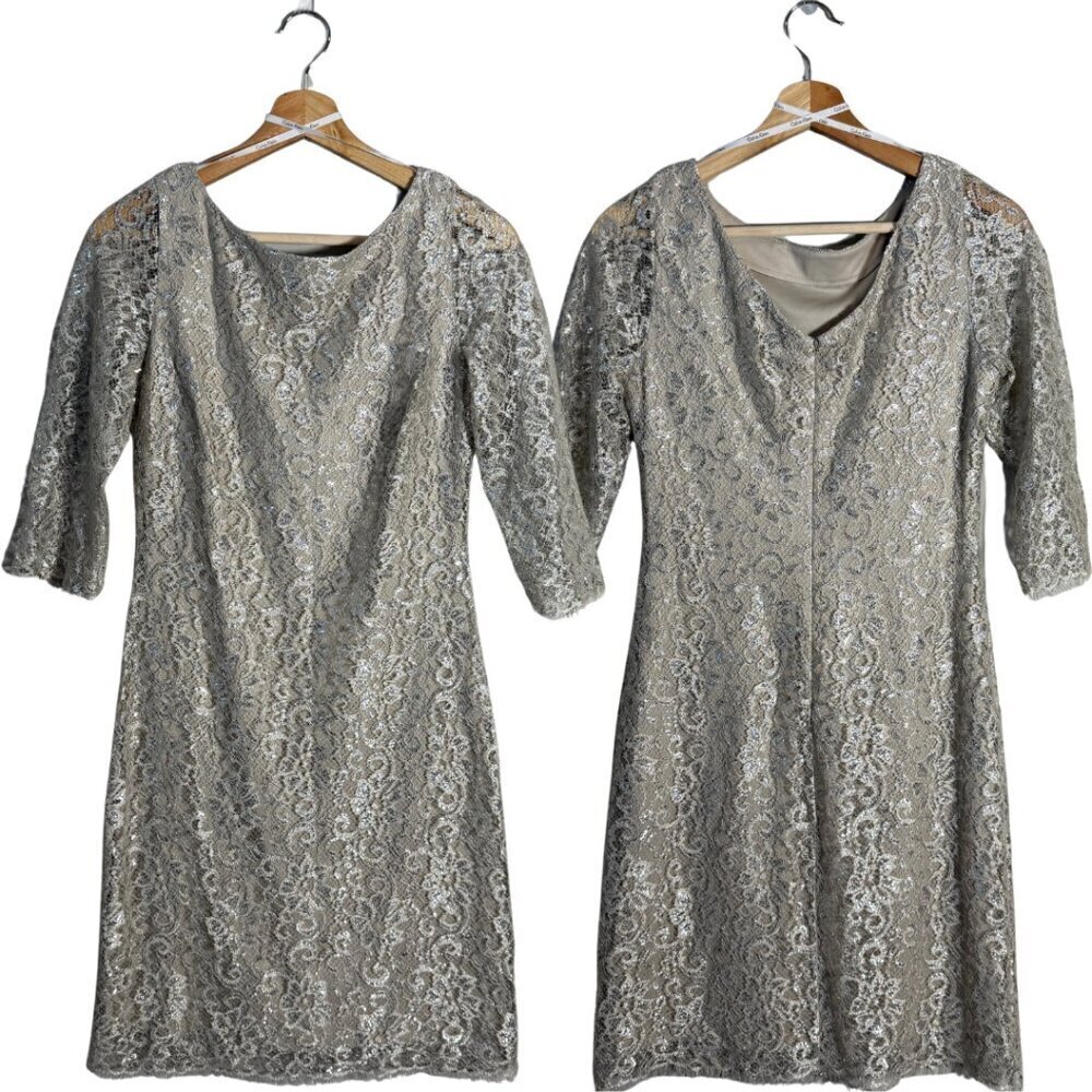 Calvin Klein Metallic Lace Sheath Mini Dress Women's 4 Silver Cocktail Party